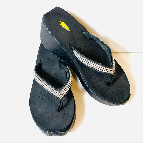 VOLATILE Glitter Thong Wedge Platform Sandals Black Flip Flops Women Size 7 Shoe